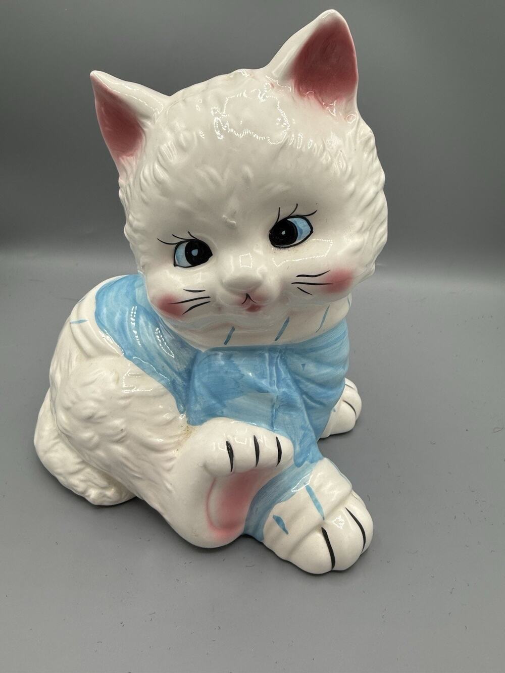 Vintage Ceramic Cat Coin Bank 8.5” White Blue Bow Big Eyes Kitsch Kitty